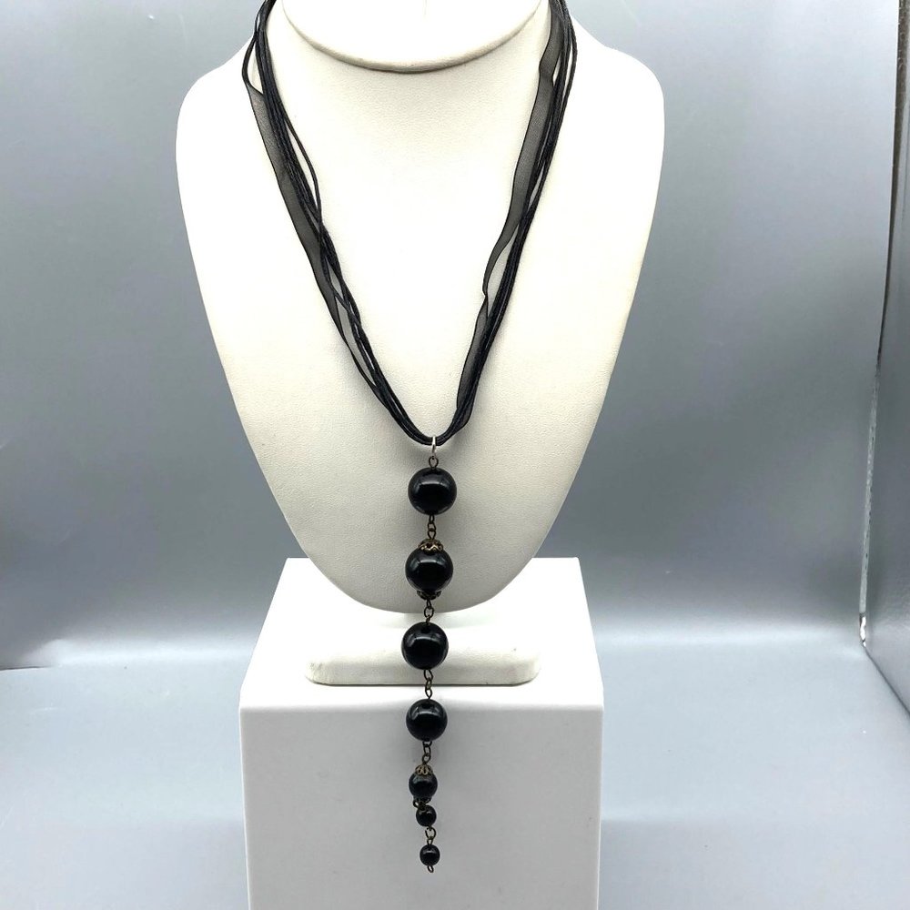Vintage Sheer Black Ribbon Necklace with Long Beaded Lucite Drop Pendant, Gothic